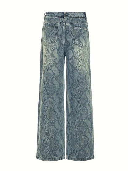 Women'S Snake Print Straight-Leg Jeans - High-Waisted, Loose Fit, Light Blue Denim with White Accents, Casual Style, All-Season Comfort, Comfortable Fashion | Relaxed Fit Jeans | Nonstretch Fabric