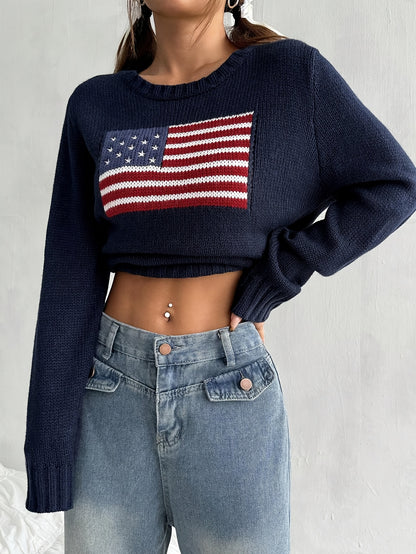 [American Flag Sweater] Elegant American Flag Sweater | Women's Geometric Pattern Round Neck Long Sleeve - Red White & Blue Casual, All-Season Comfort, Hand Wash/Dry Clean, Everyday Comfort, Versatile Fashion, Comfortable Fit