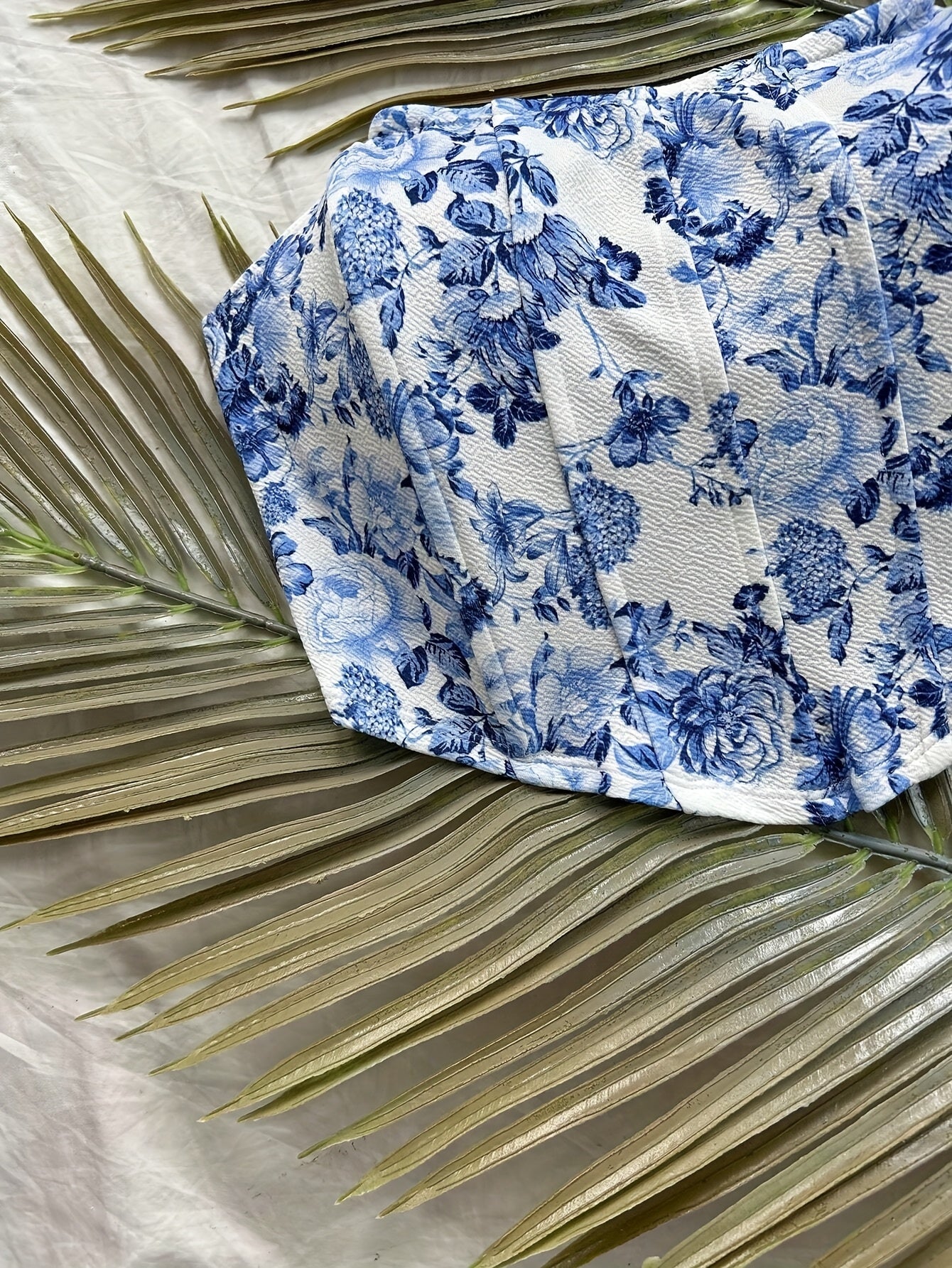 [Floral Print Top] Stretchy Off-the-Shoulder Blue and White Floral Print Tank Top | Women's Summer Top | Perfect for Graduation, Weddings, and Beach Wear