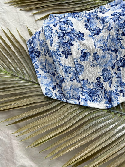 [Floral Print Top] Stretchy Off-the-Shoulder Blue and White Floral Print Tank Top | Women's Summer Top | Perfect for Graduation, Weddings, and Beach Wear