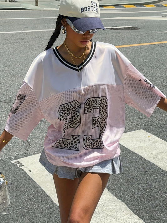 [Polyester Sports T-Shirt] Polyester 100% Knit Fabric Women's V-Neck Sports T-Shirt | Slight Stretch, Printed Casual Top for Spring/Summer, 180g/m² Weight
