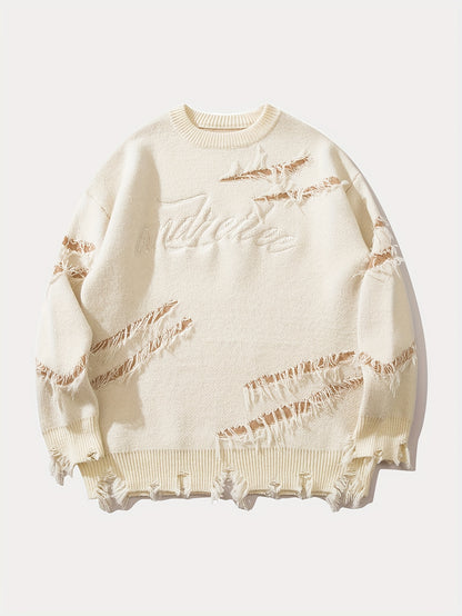 Unisex Street Style Knit Sweater, Fall/Winter Crew Neck Long Sleeve Pullover with Alphabet Print, Ripped Fringe Detail, Loose Fit, 42% Acrylic 28% Polyamide 30% Polyester Knit Fabric