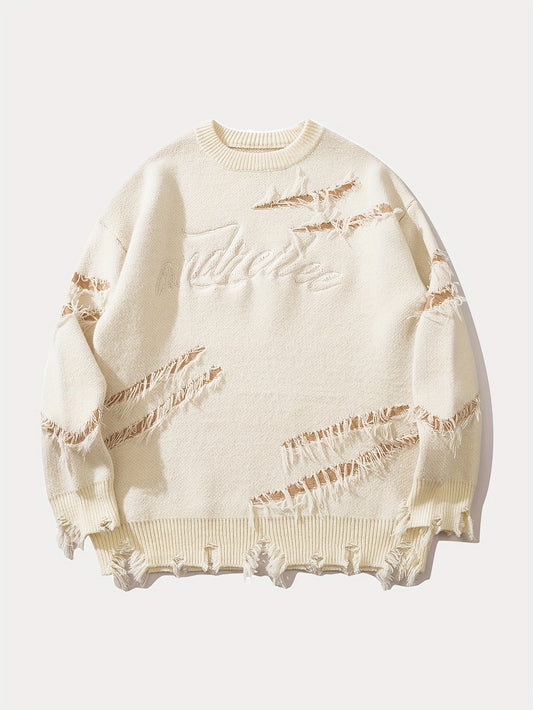 Unisex Street Style Knit Sweater, Fall/Winter Crew Neck Long Sleeve Pullover with Alphabet Print, Ripped Fringe Detail, Loose Fit, 42% Acrylic 28% Polyamide 30% Polyester Knit Fabric