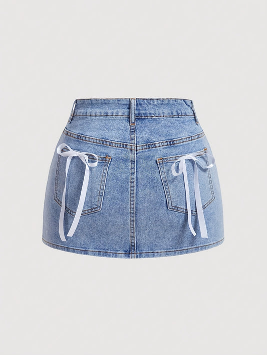 Women's Summer Casual Denim Skirt with Adjustable Bow & Pockets - Mid-Stretch Machine-Washable Solid Color Elegant Design for Casual Outings, Summer Casual Wear | Stylish Denim Skirt | Denim Fabric Skirt