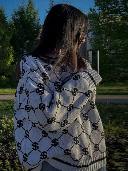 Oversized Crew Neck Long Sleeve Dollar Pattern Pullover Sweater, Casual Warm Women's Clothing