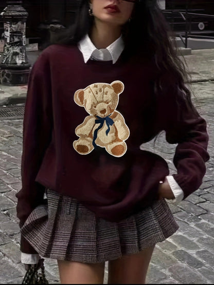 ELEGANTSUT Women'S Red Bear Graphic Long Sleeve Top - Casual Crew Neck Pullover with Bow Detail, Lightweight for Spring Summer Fall, Casual Outing Attire, Seasonal Fashion, Playful Design, Quality Craftsmanship