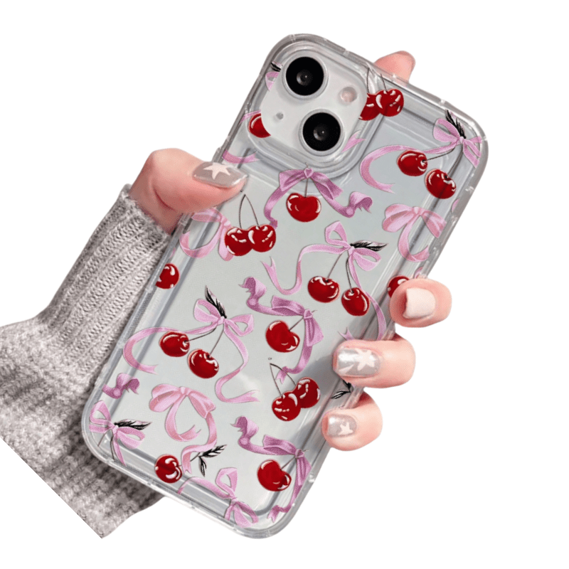[Transparent Shockproof Cherry Phone Case] Fashionable and high-end cherry bow pattern transparent phone case suitable for iPhone 11 12 13 14 15 16pro max transparent shockproof protective case suitable for 7 8 plus mini series soft shell