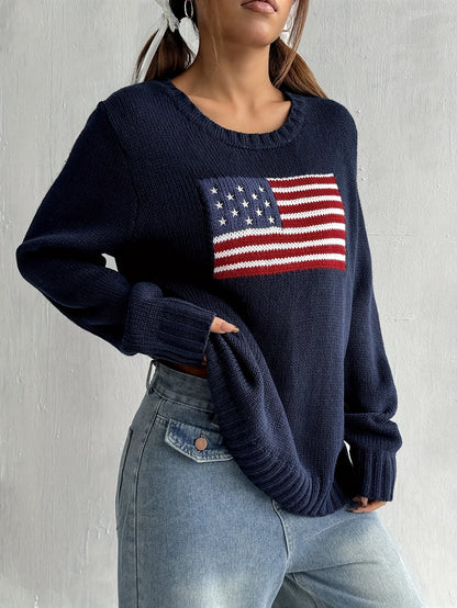 [American Flag Sweater] Elegant American Flag Sweater | Women's Geometric Pattern Round Neck Long Sleeve - Red White & Blue Casual, All-Season Comfort, Hand Wash/Dry Clean, Everyday Comfort, Versatile Fashion, Comfortable Fit