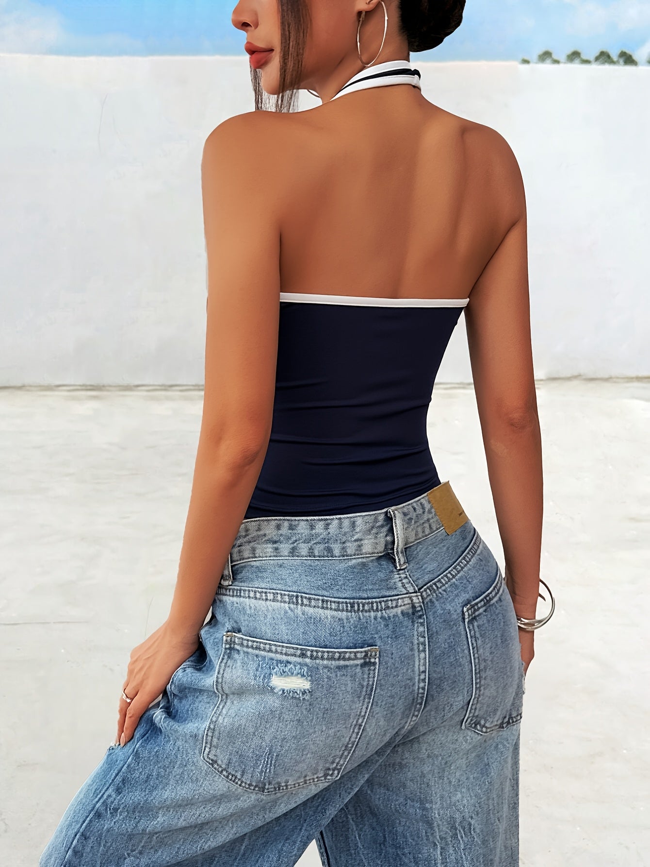 Women'S Navy Blue Halter Neck Tank Top with "98" and Star Design - Polyester, Color Block, Knit Fabric, All-Season Versatile Top, Versatile Top|Y2K Fashion|Knit Construction