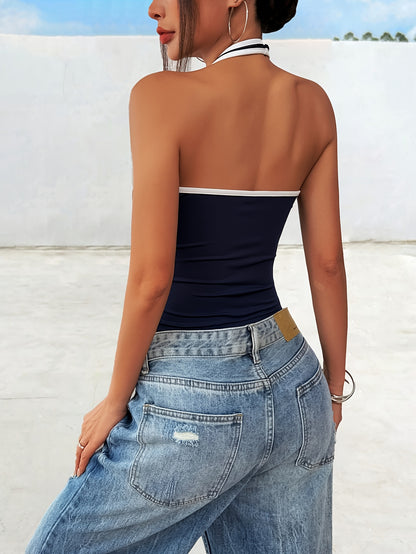 Women'S Navy Blue Halter Neck Tank Top with "98" and Star Design - Polyester, Color Block, Knit Fabric, All-Season Versatile Top, Versatile Top|Y2K Fashion|Knit Construction
