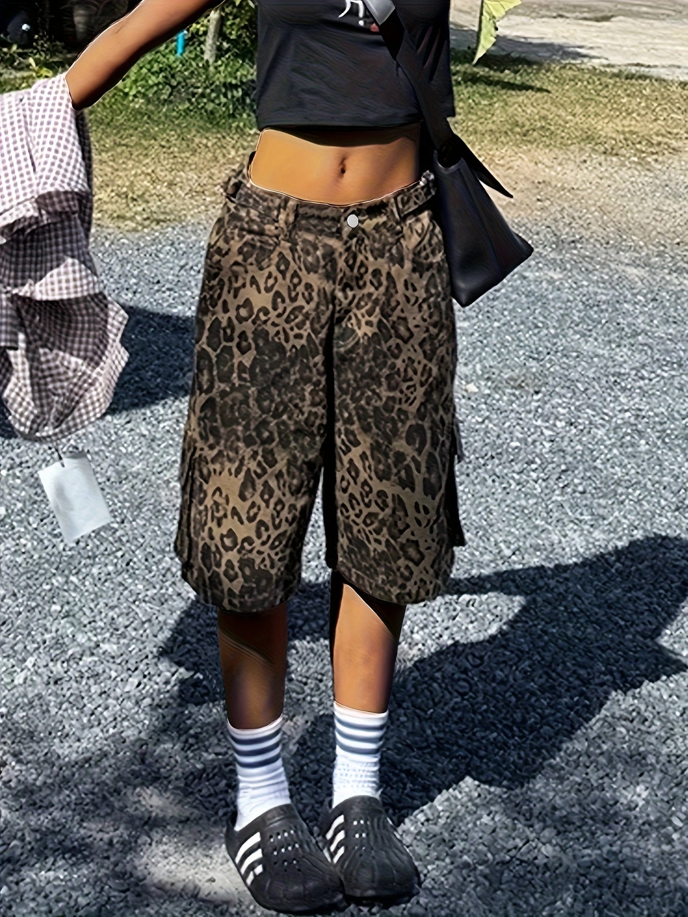 Leopard Print Cargo-Style Lace-Up Shorts