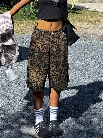 Leopard Print Cargo-Style Lace-Up Shorts