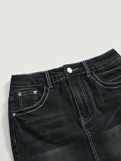 Women'S Stretch Denim Mini Skirt - Elegant Low-Rise Pencil Skirt with Button Detail, Medium Wash, Non-Stretch Fabric, Perfect for Spring/Summer/Fall, Casual Attire, Spring Summer Fashion, Sleek Silhouette, Comfortable Fit