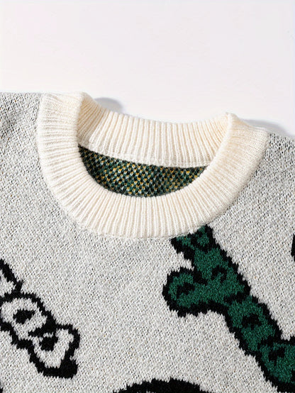 Men's & Women's Streetwear Graphic Knit Sweater - Bold Letter & Dice Print, Oversized Drop Shoulder Fit, Soft Stretch Fabric, Round Neck Long Sleeve Pullover for Autumn Winter Casual Wear, Knitted Sweater, Autumn Winter Apparel