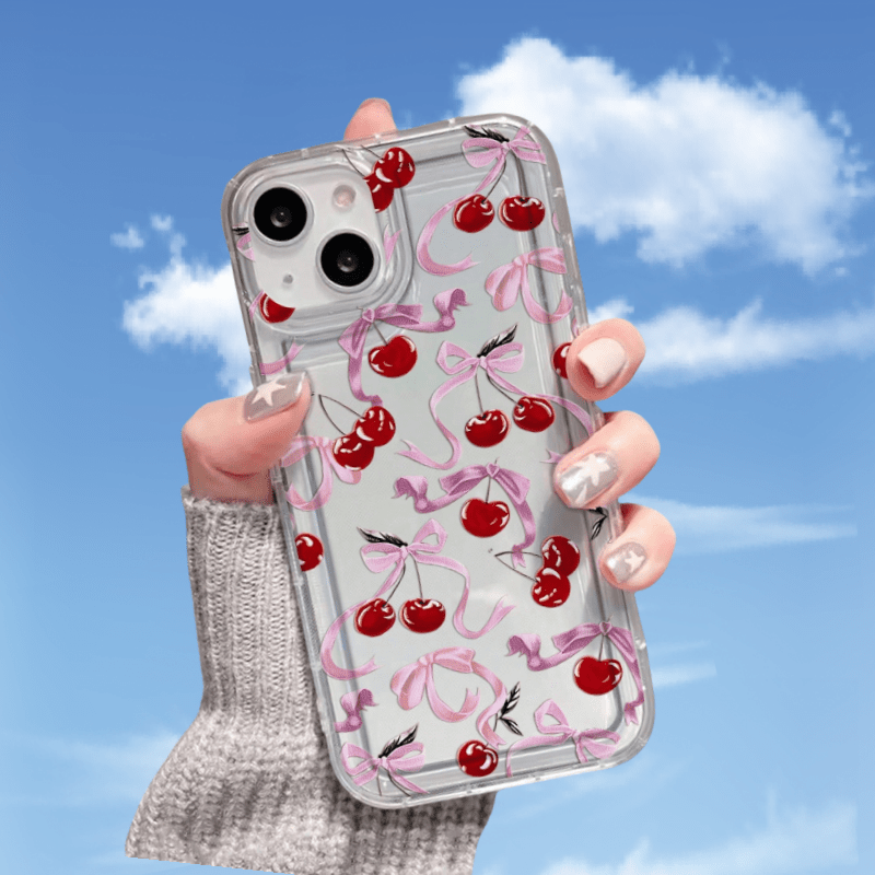 [Transparent Shockproof Cherry Phone Case] Fashionable and high-end cherry bow pattern transparent phone case suitable for iPhone 11 12 13 14 15 16pro max transparent shockproof protective case suitable for 7 8 plus mini series soft shell
