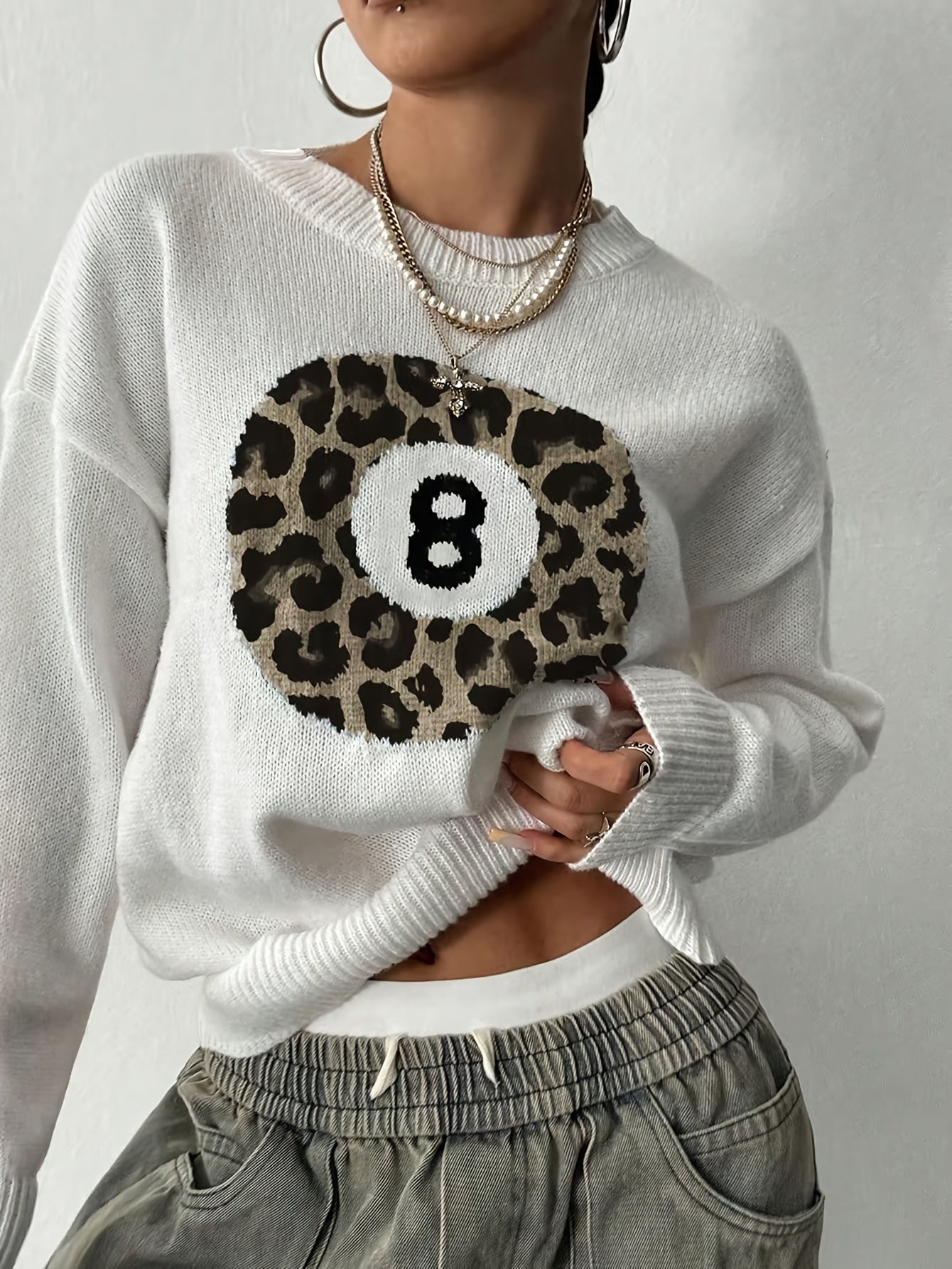 [8pcs Leopard Print Sweater Set] 8pcs Stylish Casual Leopard Print Ball Design Billiard Sweater Set