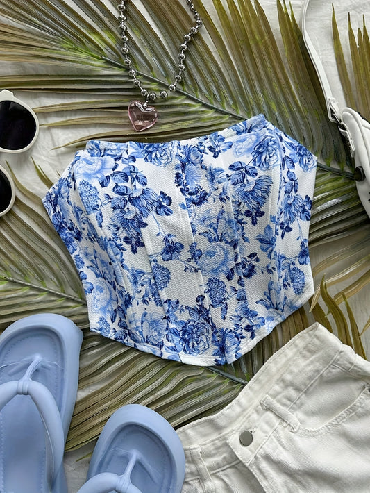 [Floral Print Top] Stretchy Off-the-Shoulder Blue and White Floral Print Tank Top | Women's Summer Top | Perfect for Graduation, Weddings, and Beach Wear