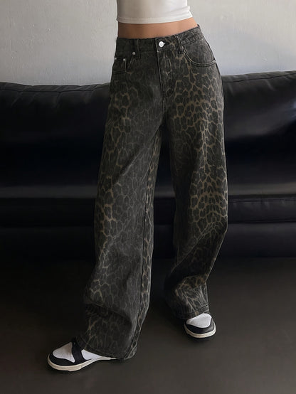 NVFelix Women's Leopard Print Straight Leg Pants - Non-Stretch Fabric, Button Closure & Built-In Zipper, Y2K Retro Streetwear Style with Pockets, All-Season Casual Trousers, Leopard Print Leggings, Highquality Fabric