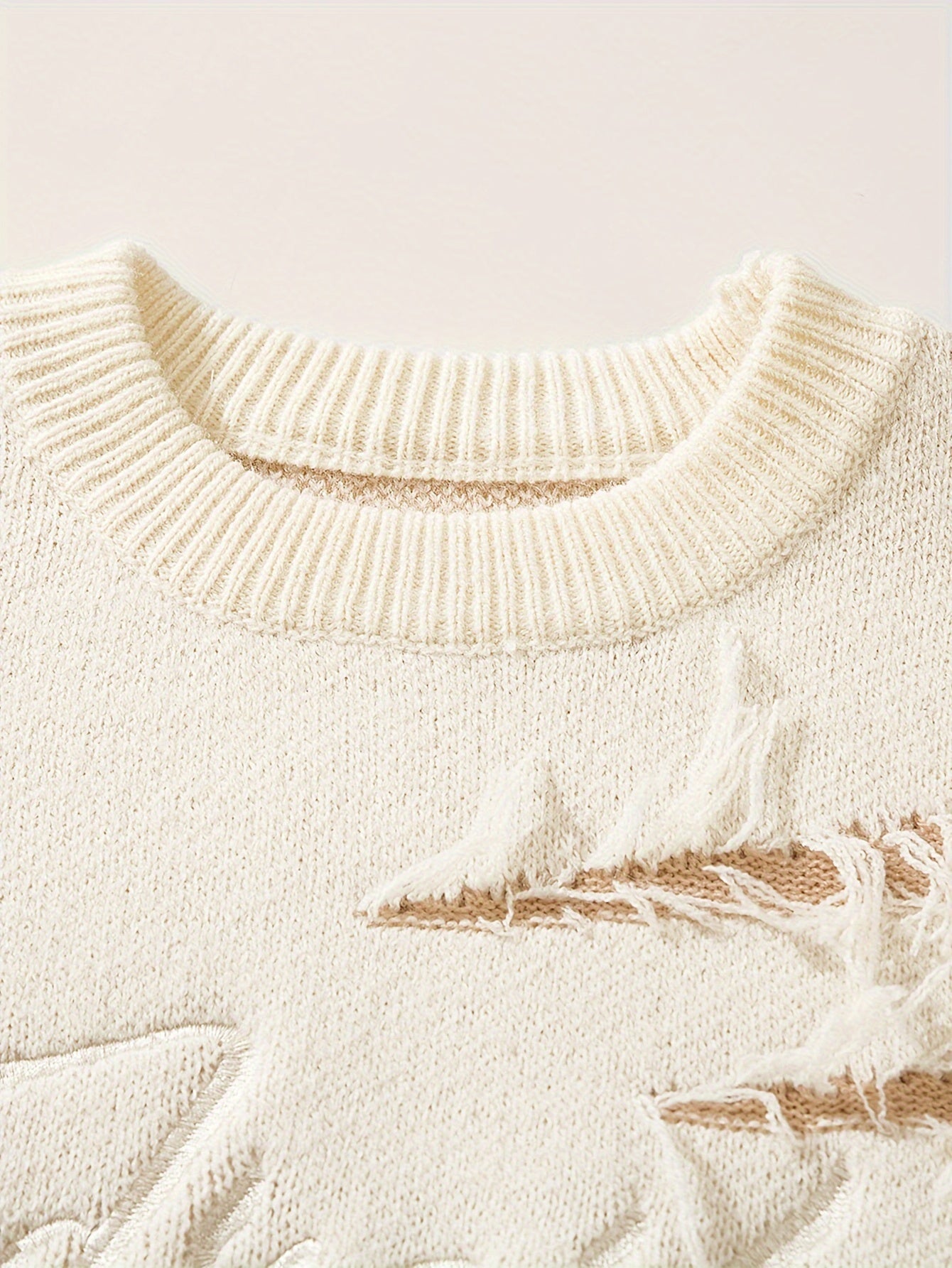 Unisex Street Style Knit Sweater, Fall/Winter Crew Neck Long Sleeve Pullover with Alphabet Print, Ripped Fringe Detail, Loose Fit, 42% Acrylic 28% Polyamide 30% Polyester Knit Fabric
