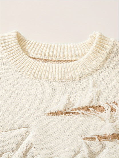 Unisex Street Style Knit Sweater, Fall/Winter Crew Neck Long Sleeve Pullover with Alphabet Print, Ripped Fringe Detail, Loose Fit, 42% Acrylic 28% Polyamide 30% Polyester Knit Fabric