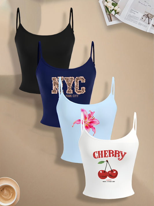 [4pcs Sexy Off-Shoulder Tops] 4pcs Women's Sexy & Breathable Off-Shoulder Tank Tops - Adjustable Length, Floral & NYC Print, Cool, Perfect for Casual or Stylish Outfits, Ladies Tank Tops