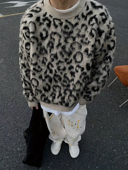 [Leopard Print Sweater] Oversized Men's Leopard Print Faux Fur Sweater | Cozy Fall Winter Knit Top with Round Neck, Black & White Contrast, Relaxed Fit Apparel, Highend Texture, Luxurious Feel Fabric