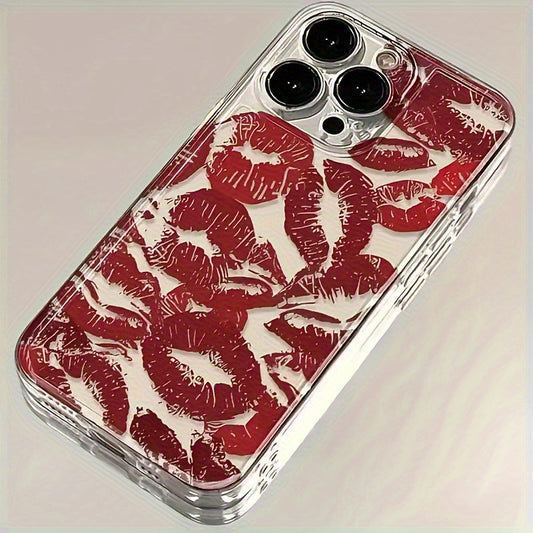 1pc Full Screen Red Lip Print Transparent Space Phone Case, Suitable for iPhone 11 12 13 14 15 16 XS XR X 7 8 Plus Pro Max SE Series, Perfect as a Gift for Yourself or Friends