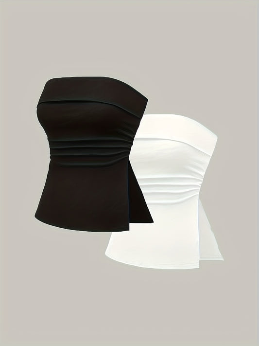 Women'S Sexy Off-Shoulder Tube Top - Solid Color Stretchy Crop Top for Casual & Formal Wear, All-Season Versatile Sleeveless Blouse, Crop Top Blouse