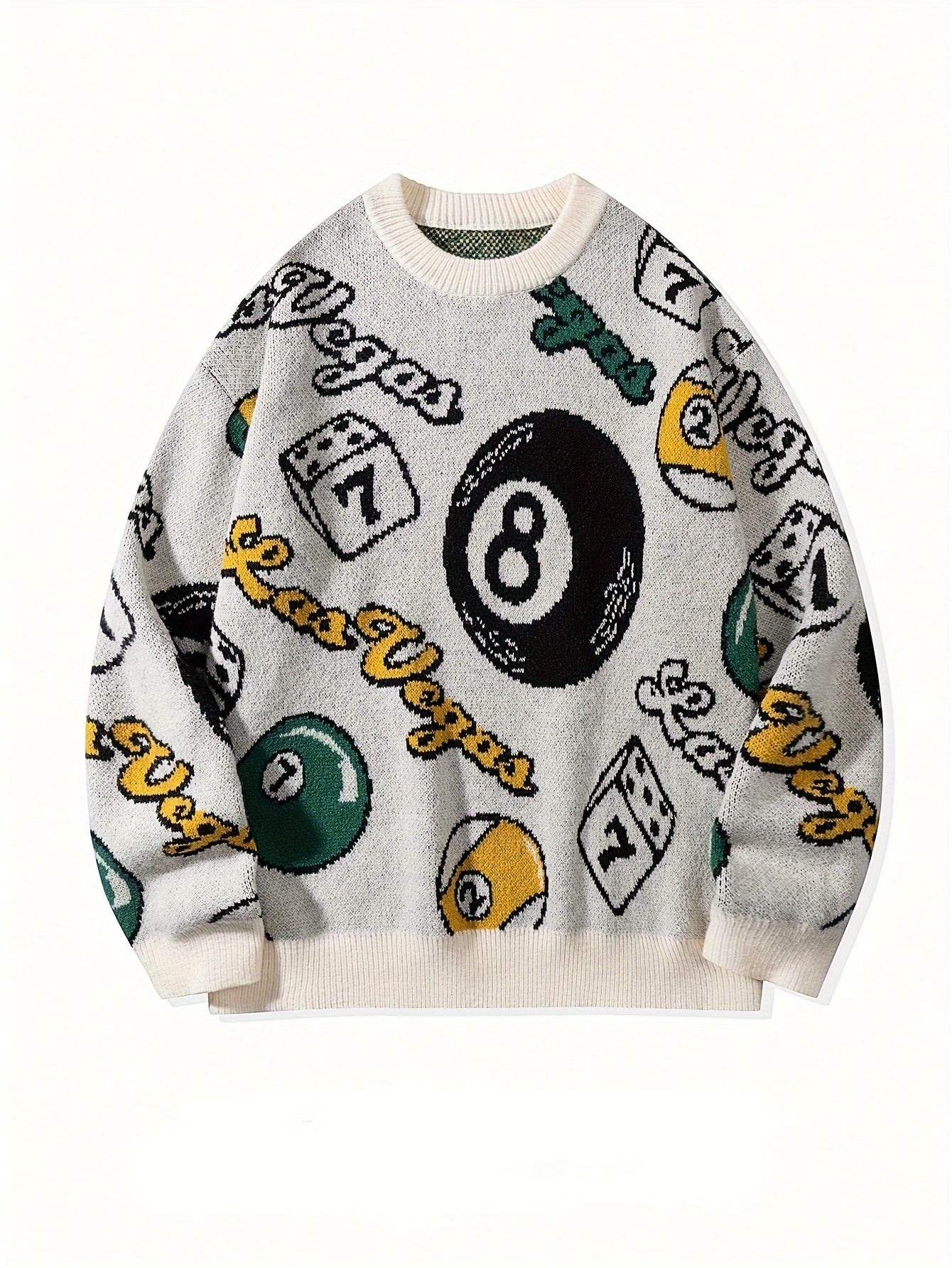 Men's & Women's Streetwear Graphic Knit Sweater - Bold Letter & Dice Print, Oversized Drop Shoulder Fit, Soft Stretch Fabric, Round Neck Long Sleeve Pullover for Autumn Winter Casual Wear, Knitted Sweater, Autumn Winter Apparel
