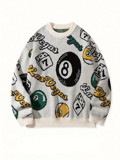 Men's & Women's Streetwear Graphic Knit Sweater - Bold Letter & Dice Print, Oversized Drop Shoulder Fit, Soft Stretch Fabric, Round Neck Long Sleeve Pullover for Autumn Winter Casual Wear, Knitted Sweater, Autumn Winter Apparel
