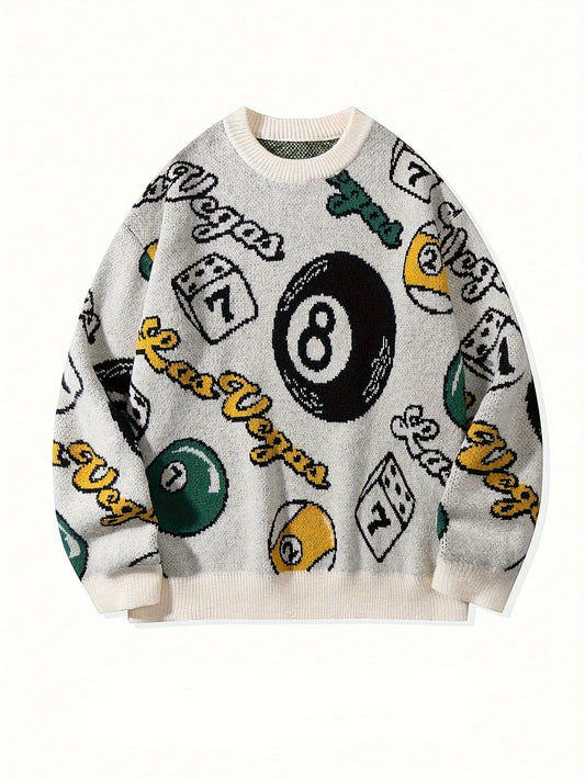 Men's & Women's Streetwear Graphic Knit Sweater - Bold Letter & Dice Print, Oversized Drop Shoulder Fit, Soft Stretch Fabric, Round Neck Long Sleeve Pullover for Autumn Winter Casual Wear, Knitted Sweater, Autumn Winter Apparel