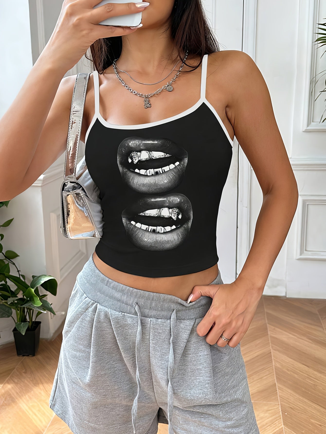 Women'S Casual Lip Print Cami Top with Black Straps and Backless Design - Polyester, Sleeveless, Adjustable, Summer Fashion, Casual Wear|Playful Graphic Cami|Strapless Desig