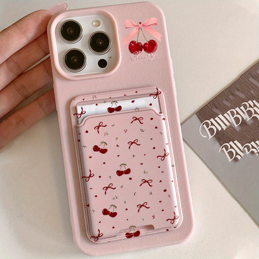 [Pink Phone Case] 2pcs Apple Mobile Phone Case | Self-adhesive Card Holder, Bow Cherry Pink Frosted, Anti-fall Protective Cover for 16PROMAX/16PLUS/16PRO/16/15PROMAX/15PLUS/15PRO/15/14PROMAX/14PLUS/14PRO/14/13PROMAX/13PRO/13/12PROMAX/12PRO/12 11PROMAX/11