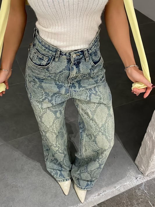 Women'S Snake Print Straight-Leg Jeans - High-Waisted, Loose Fit, Light Blue Denim with White Accents, Casual Style, All-Season Comfort, Comfortable Fashion | Relaxed Fit Jeans | Nonstretch Fabric