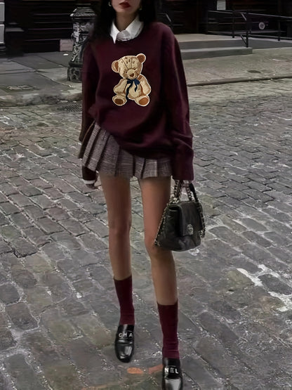 ELEGANTSUT Women'S Red Bear Graphic Long Sleeve Top - Casual Crew Neck Pullover with Bow Detail, Lightweight for Spring Summer Fall, Casual Outing Attire, Seasonal Fashion, Playful Design, Quality Craftsmanship