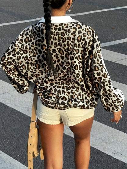 [Vintage Leopard Sweatshirt] Soft & Breathable Vintage Y2K Leopard Print Sweatshirt for Women | Loose Fit, Turn-Collar & V-Neck Design, Casual Streetwear Style, Perfect for Autumn Daily Outfits