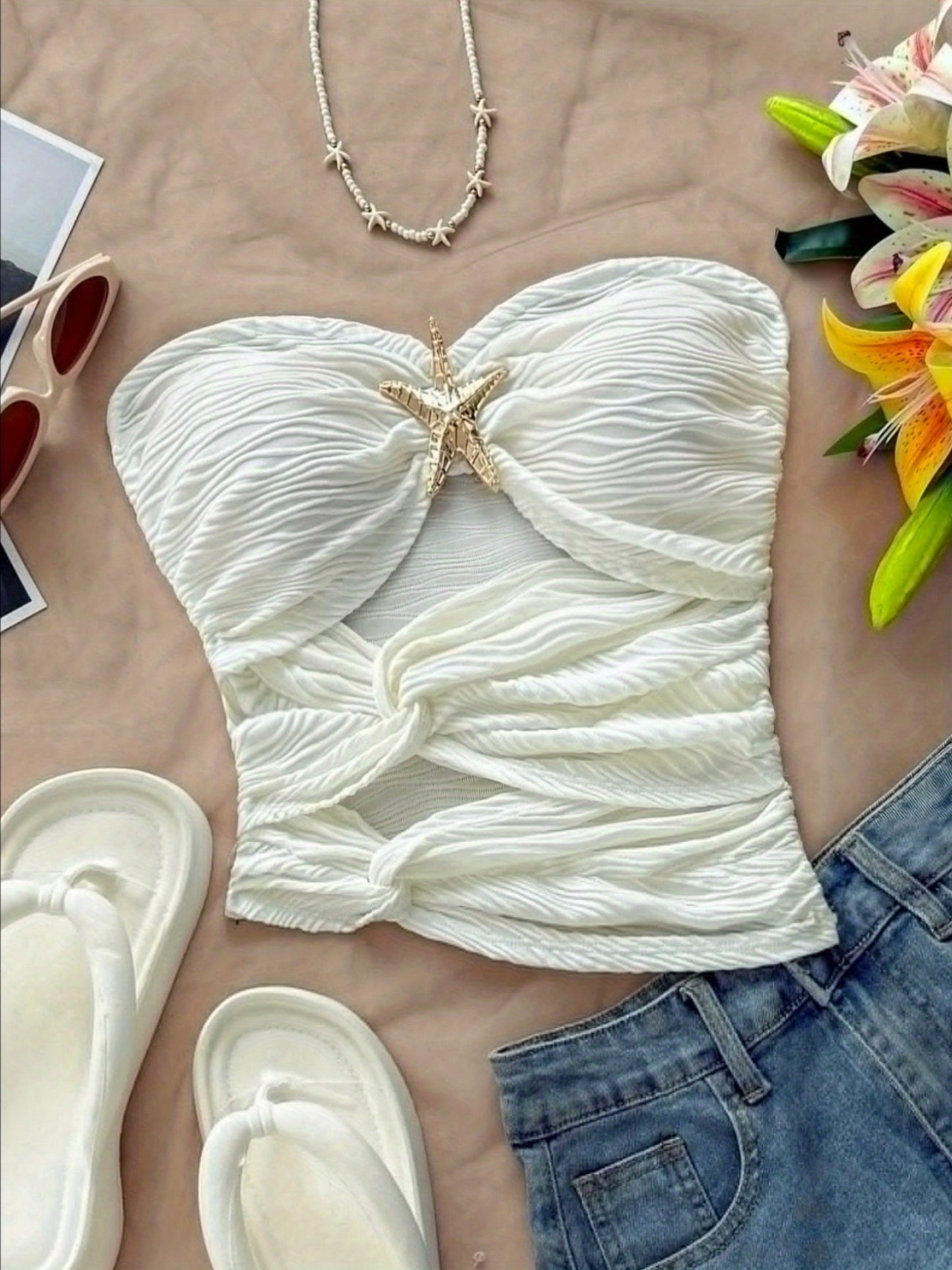 Women'S Elegant Off-Shoulder Top with Starfish Detail - Asymmetrical Hem, Ruched Texture, Sleeveless, Perfect for Beach, Parties, Dates, and Festivals, Beachwear Essential | Starfish Embellished Top | Construction