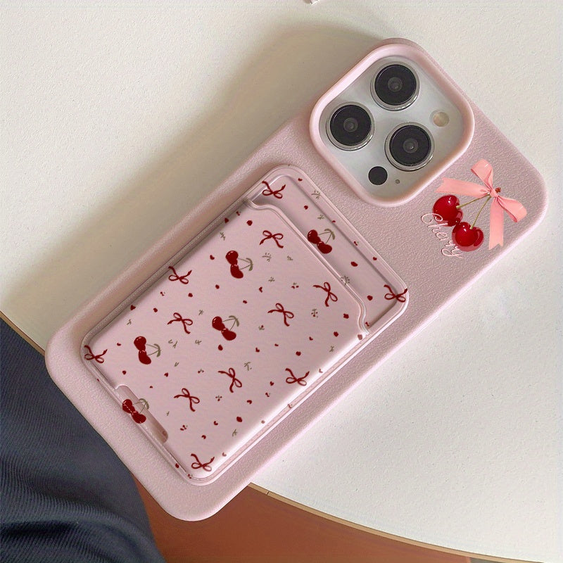 [Pink Phone Case] 2pcs Apple Mobile Phone Case | Self-adhesive Card Holder, Bow Cherry Pink Frosted, Anti-fall Protective Cover for 16PROMAX/16PLUS/16PRO/16/15PROMAX/15PLUS/15PRO/15/14PROMAX/14PLUS/14PRO/14/13PROMAX/13PRO/13/12PROMAX/12PRO/12 11PROMAX/11
