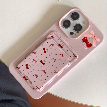 [Pink Phone Case] 2pcs Apple Mobile Phone Case | Self-adhesive Card Holder, Bow Cherry Pink Frosted, Anti-fall Protective Cover for 16PROMAX/16PLUS/16PRO/16/15PROMAX/15PLUS/15PRO/15/14PROMAX/14PLUS/14PRO/14/13PROMAX/13PRO/13/12PROMAX/12PRO/12 11PROMAX/11