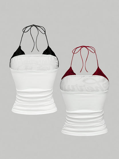 [Two-Piece Set] New Stylish Elegant Lace-Trimmed Halter Neck Print Top Two-Piece Set for Women, Perfect for Casual Attire, All-Season Wear, Y2K Style, Off the Shoulder Design with Contrast Lace Detailing