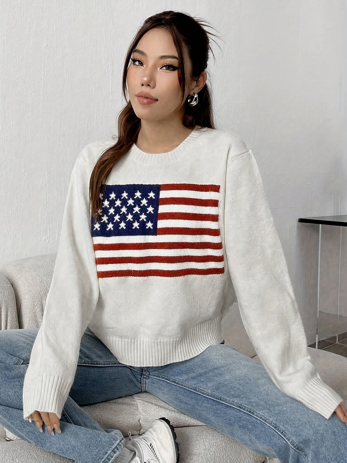 [American Flag Sweater] Elegant Women's American Flag Print Sweater | Loose Fit Round Neck Long Sleeve Top with Red & White Contrast, Semi-Sheer Fall Winter Fashion, Hand Wash/Dry Clean, Classic Sweater for Ladies, Casual Wear, Texture