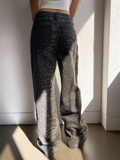 NVFelix Women's Leopard Print Straight Leg Pants - Non-Stretch Fabric, Button Closure & Built-In Zipper, Y2K Retro Streetwear Style with Pockets, All-Season Casual Trousers, Leopard Print Leggings, Highquality Fabric