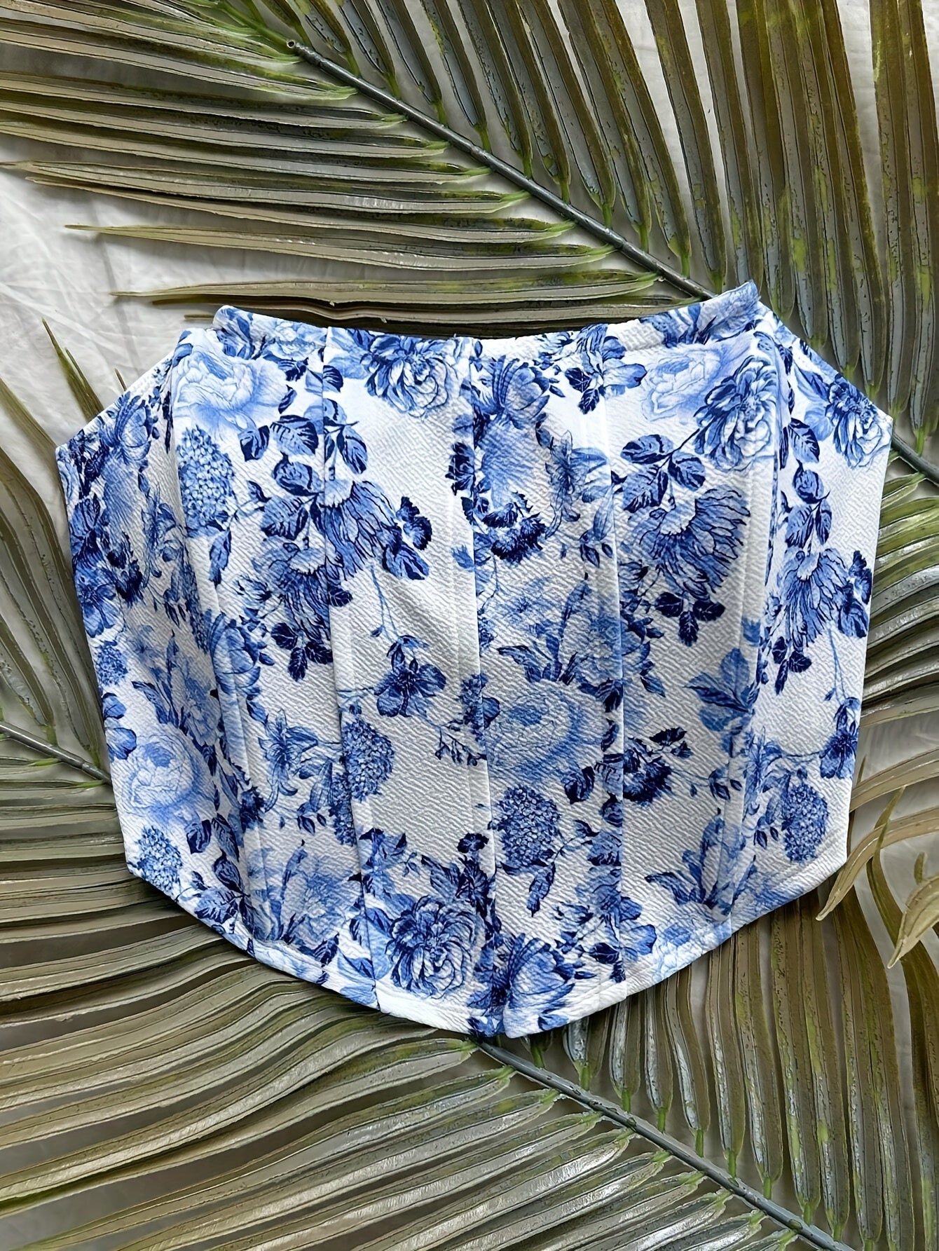 [Floral Print Top] Stretchy Off-the-Shoulder Blue and White Floral Print Tank Top | Women's Summer Top | Perfect for Graduation, Weddings, and Beach Wear