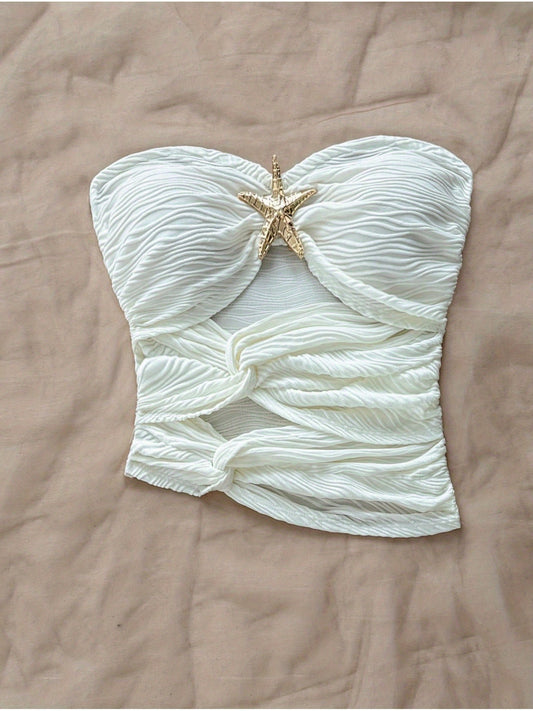 Women'S Elegant Off-Shoulder Top with Starfish Detail - Asymmetrical Hem, Ruched Texture, Sleeveless, Perfect for Beach, Parties, Dates, and Festivals, Beachwear Essential | Starfish Embellished Top | Construction