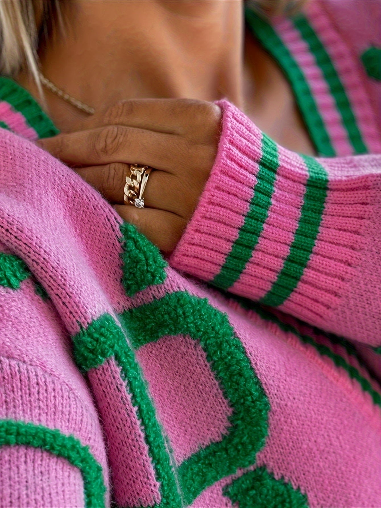 For Fall & Winter, V-Neck Button Up Color Block Knit Cardigan, Casual Tops, Women's Clothing