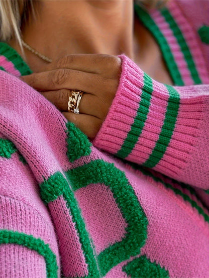 For Fall & Winter, V-Neck Button Up Color Block Knit Cardigan, Casual Tops, Women's Clothing
