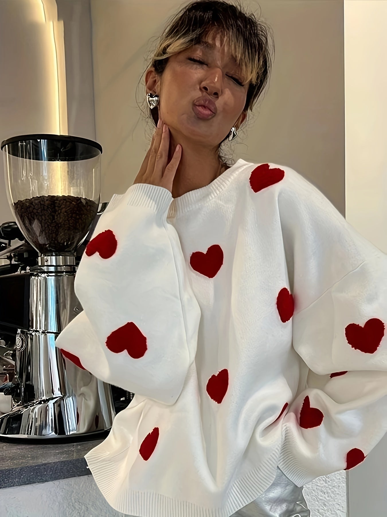 Valentine's Day Heart Knit Sweater - Cozy, Casual & Chic, Women's Easy-Care Polyester Top for Fall/Winter
