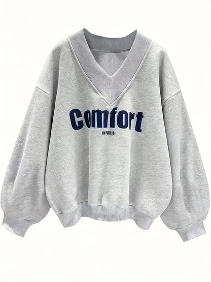 Comfortable 1pc Women's Casual V-Neck Long Sleeve Pullover Sweatshirt, Polyester Knit with Letter Print, Autumn/Winter Fashion, Ultra-warm Comfort in Paris Slogan