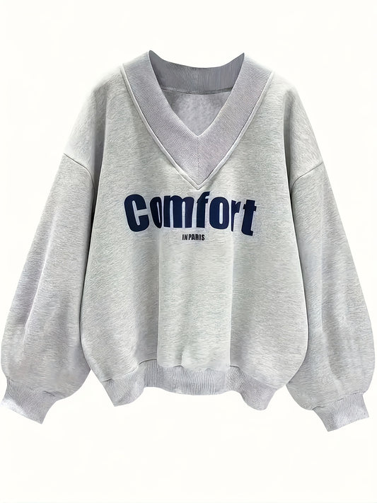 Comfortable 1pc Women's Casual V-Neck Long Sleeve Pullover Sweatshirt, Polyester Knit with Letter Print, Autumn/Winter Fashion, Ultra-warm Comfort in Paris Slogan