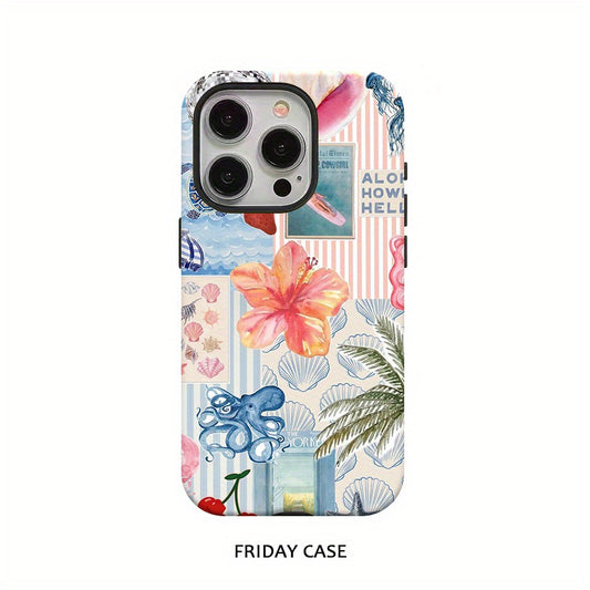 Vintage Collage Flower and Palm Tree Design Glossy 2-in-1 Phone Case for iPhone 16 Pro Max, 15 Plus, 13, 11, 12, XS, 8 Plus, 7